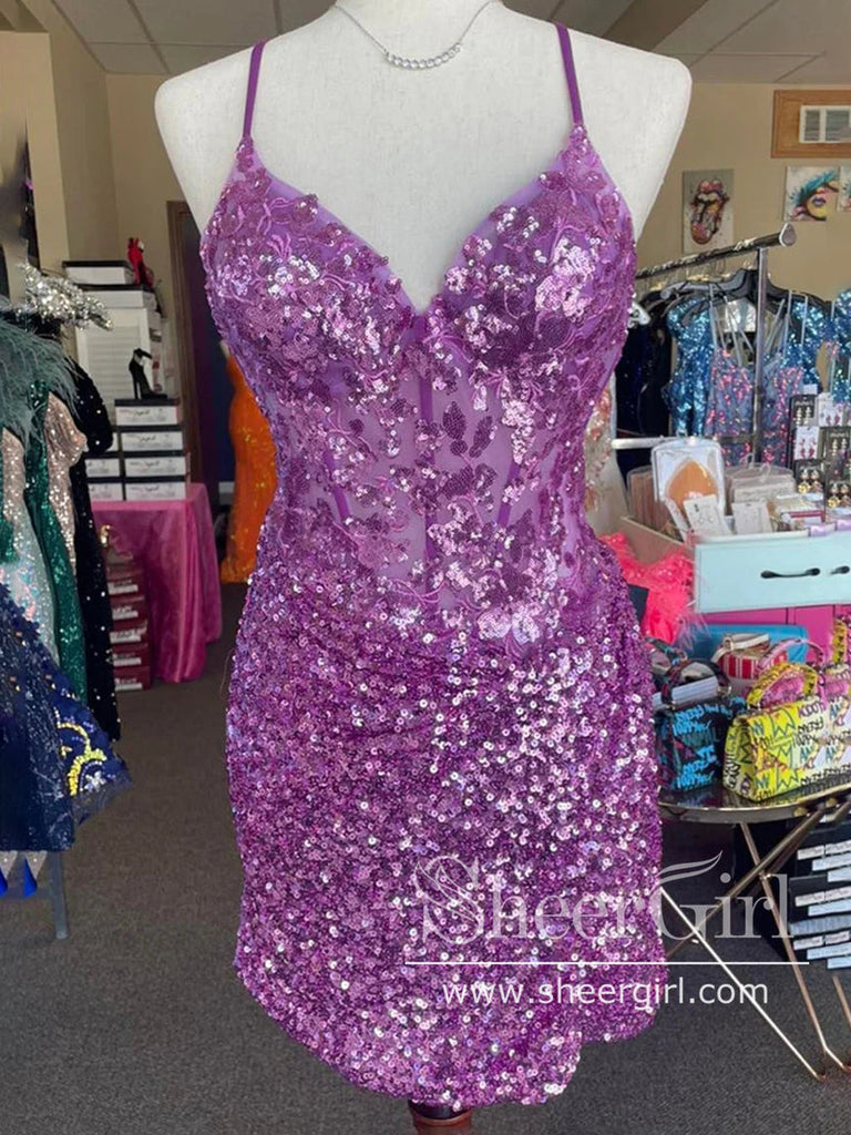Sequins Lace Sparkly Short Prom Dress Short Party Dress Sheath Homecoming Dress ARD3147-SheerGirl