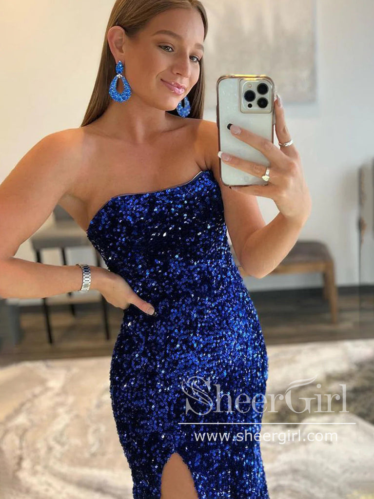 Sequins Strapless Trumpet Prom Dress Thigh Slit Mermaid Prom Gown ARD2738-SheerGirl