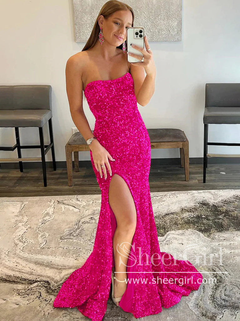 Sequins Strapless Trumpet Prom Dress Thigh Slit Mermaid Prom Gown ARD2738-SheerGirl