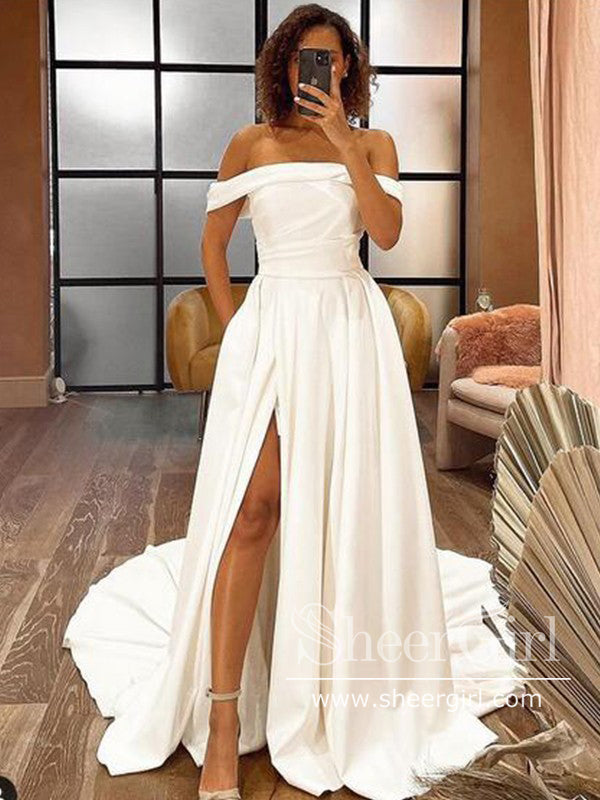 Simple Ivory Wedding Dress Off the Shoulder Bridal Dress With Leg Slit AWD1972 Simple Ivory Wedding Dress Off the Shoulder Bridal Dress With Leg Slit AWD1972