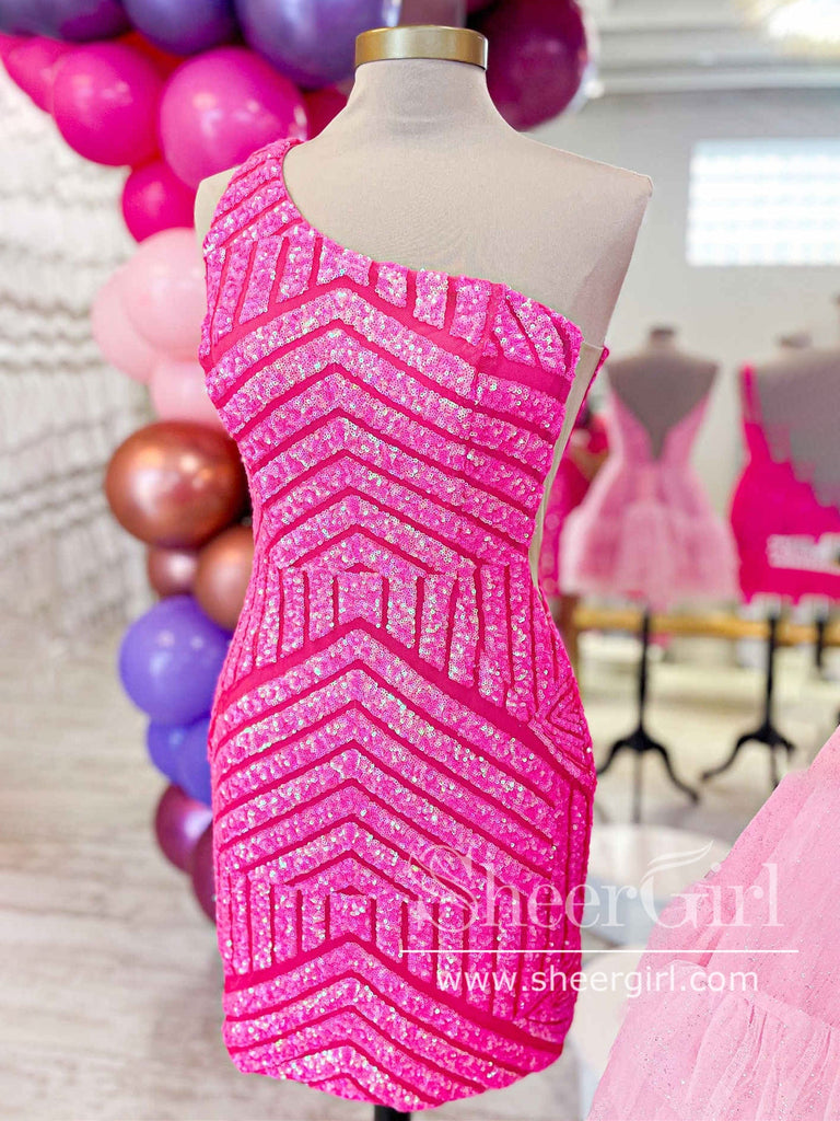 Single Shoulder Hot Pink Jacquard Sequins Sparkly Cocktail Dress Sheath Homecoming Dresses ARD2998-SheerGirl