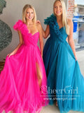 Single Shoulder Ruffle Tulle Floor Length Ball Gown High Slit Prom Dress ARD3059-SheerGirl