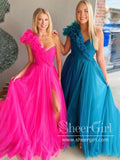 Single Shoulder Ruffle Tulle Floor Length Ball Gown High Slit Prom Dress ARD3059-SheerGirl