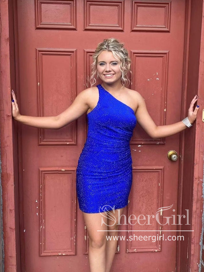 Single Shoulder Satin Short Prom Dress Short Homecoming Dress with Rhi –  SheerGirl
