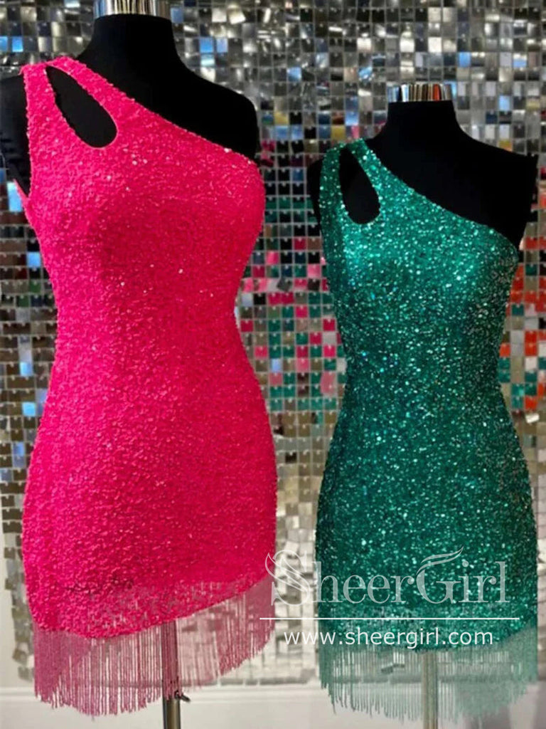 Single Shoulder Short Homecoming Dress Beaded Tassel Short Prom Dress ARD2980-SheerGirl
