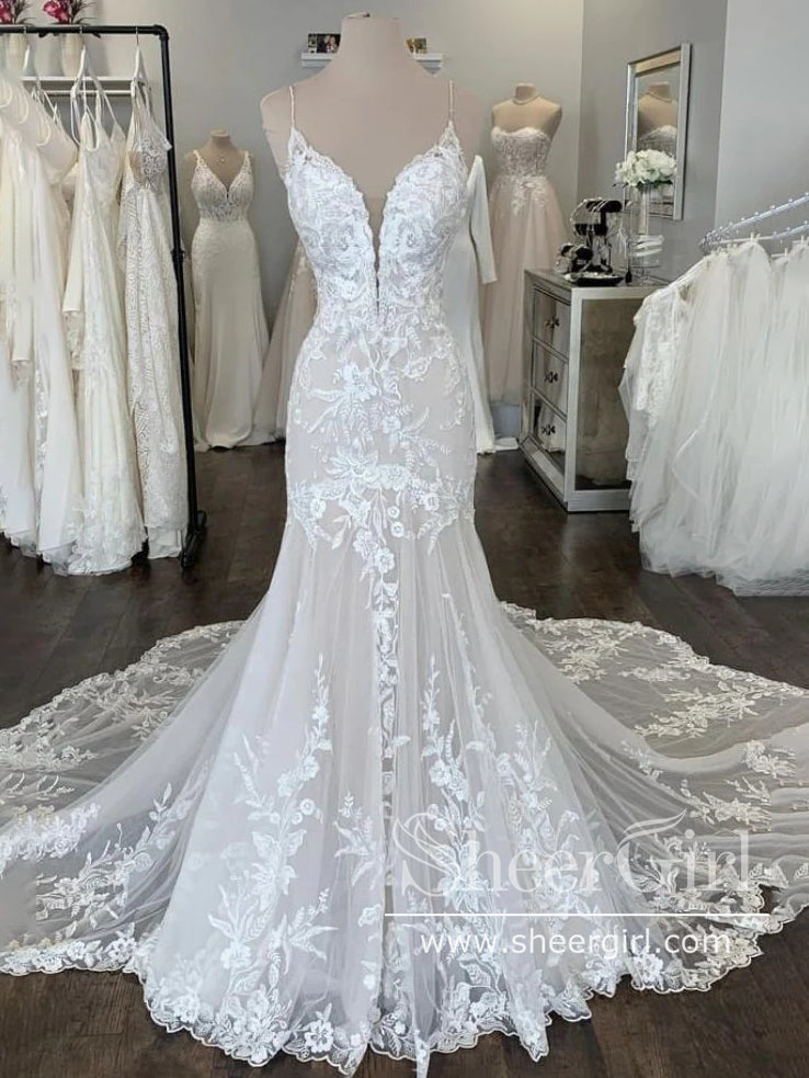 Spaghetti Straps Deep V Neck Mermaid Wedding Dress with Shaped Chapel Train AWD1982-SheerGirl