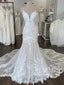 Vestido de novia sirena con escote en V profundo y tirantes finos con cola capilla en forma AWD1982
