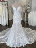 Spaghetti Straps Deep V Neck Mermaid Wedding Dress with Shaped Chapel Train AWD1982-SheerGirl