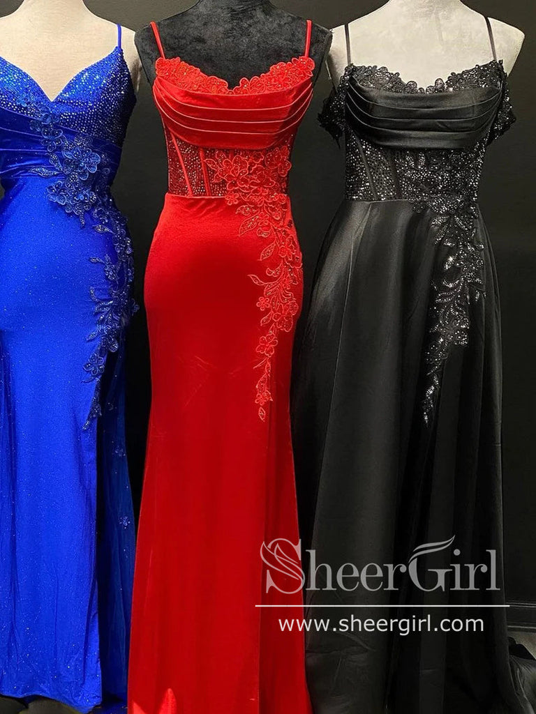 Sparkly Appliqued Satin Sparkly Prom Gown Simple Prom Dress Long Party Dress with High Slit ARD3076-SheerGirl