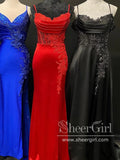Sparkly Appliqued Satin Sparkly Prom Gown Simple Prom Dress Long Party Dress with High Slit ARD3076-SheerGirl