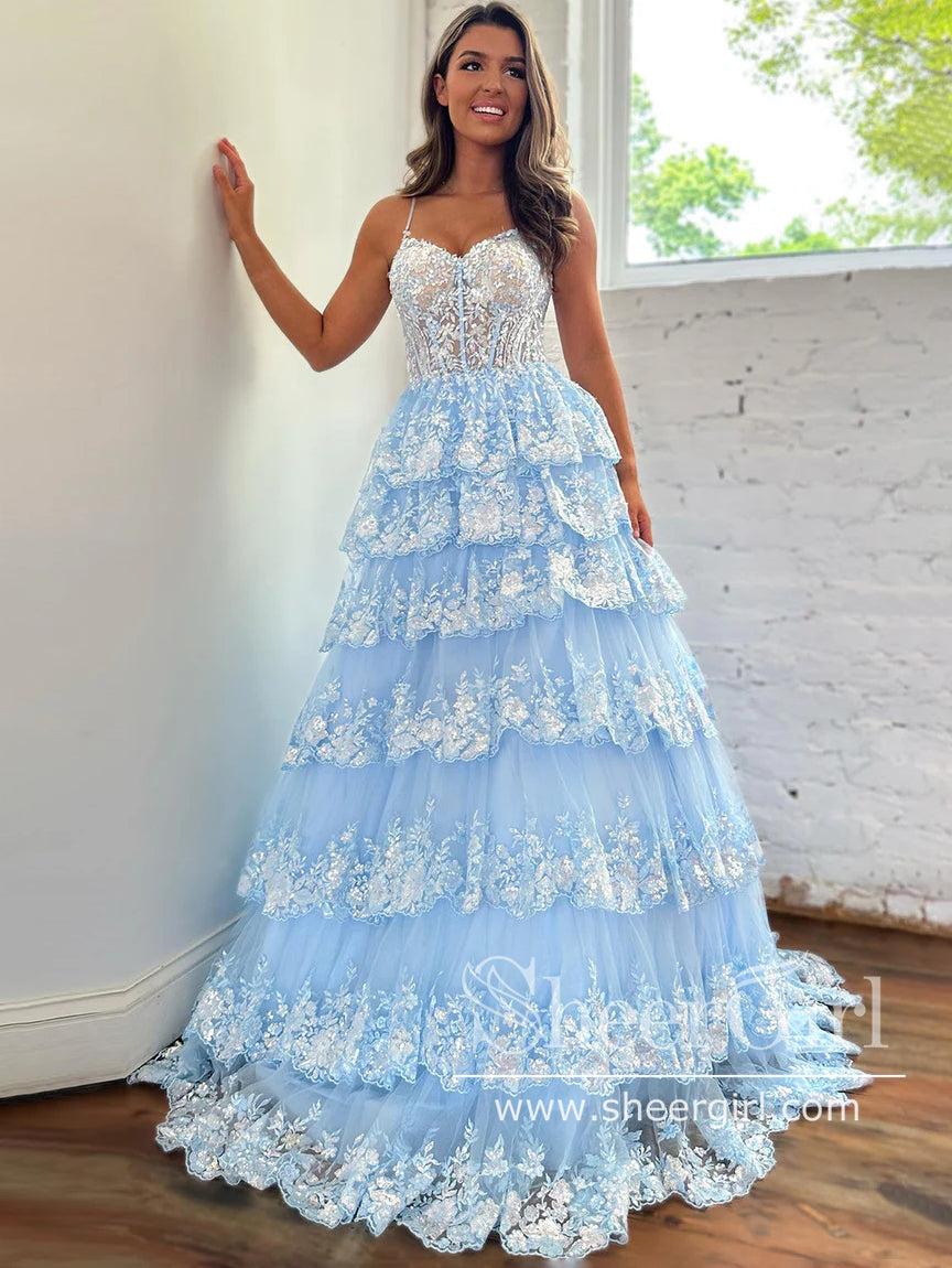 layered prom dress tulle Sweetheart Blue Tulle Layered Long Prom Dress, Lace Evening Dress