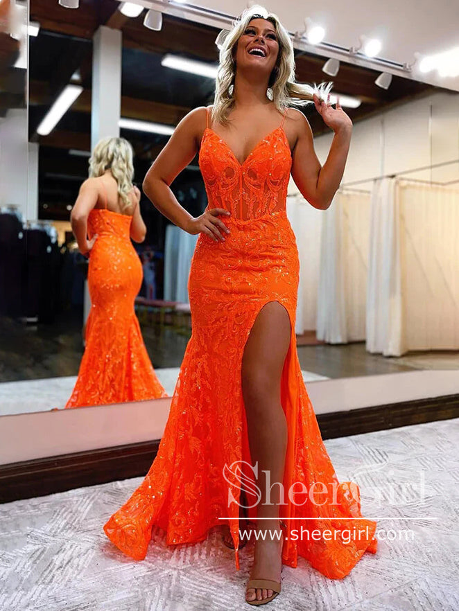 Sparkly Sequins High Slit Party Dress Mermaid Evening Dress Long Prom   SheerGirl