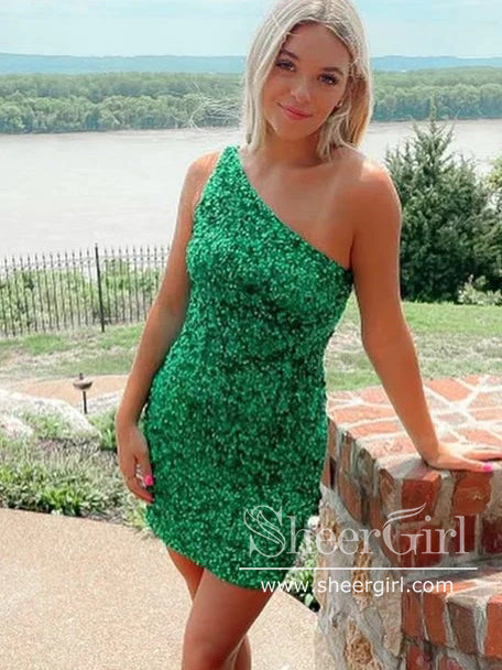 Sparkly Sequins Short Party Dress Single Shoulder Short Homecoming Dress ARD3017-SheerGirl