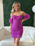 Strapless Floral Lace Short Prom Dress Puff Sleeves Mini Homecoming Dress ARD2982-SheerGirl