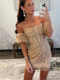 Strapless Floral Lace Short Prom Dress Puff Sleeves Mini Homecoming Dress ARD2982-SheerGirl