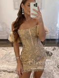 Strapless Floral Lace Short Prom Dress Puff Sleeves Mini Homecoming Dress ARD2982-SheerGirl