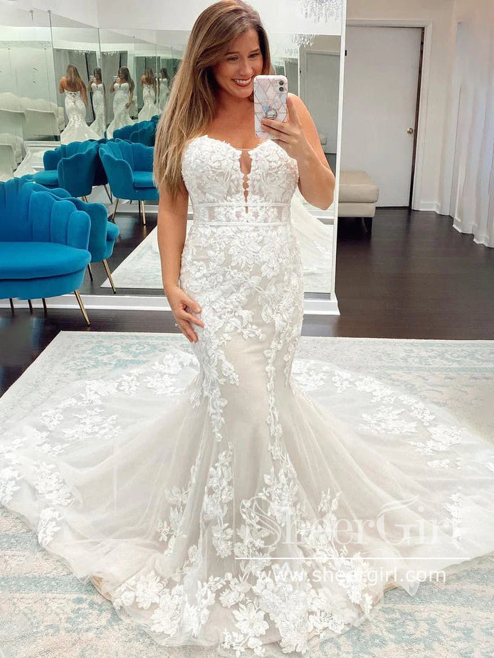 Strapless Floral Lace Wedding Gown Mermaid Wedding Dress with Court Train AWD1987 Strapless Floral Lace Wedding Gown Mermaid Wedding Dress with Court Train AWD1987