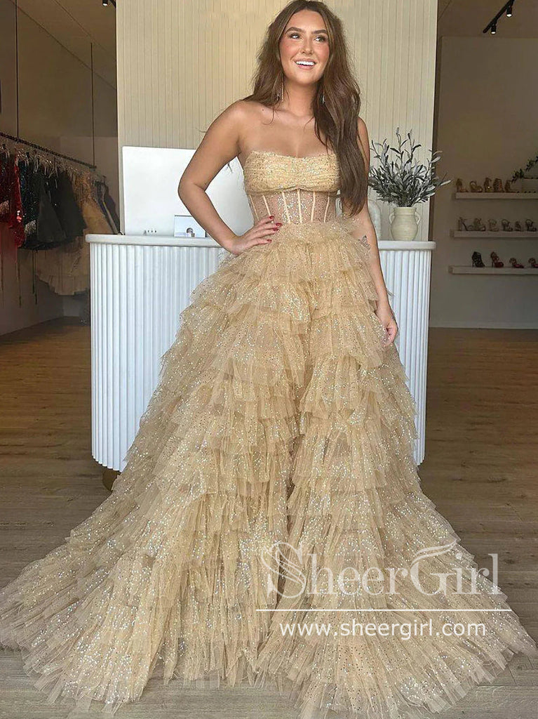 Strapless Quinceanera Dress Sparkly Tulle Ball Gown Layered Party Dress Sweetheart Neck Prom Dress ARD3058-SheerGirl