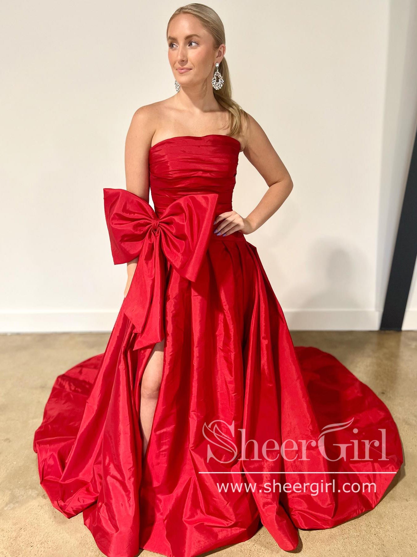 Strapless Red Prom Dresses with Big Bow Party Dress High Slit Evening Dress ARD3064 Strapless Red Prom Dresses with Big Bow Party Dress High Slit Evening Dress ARD3064