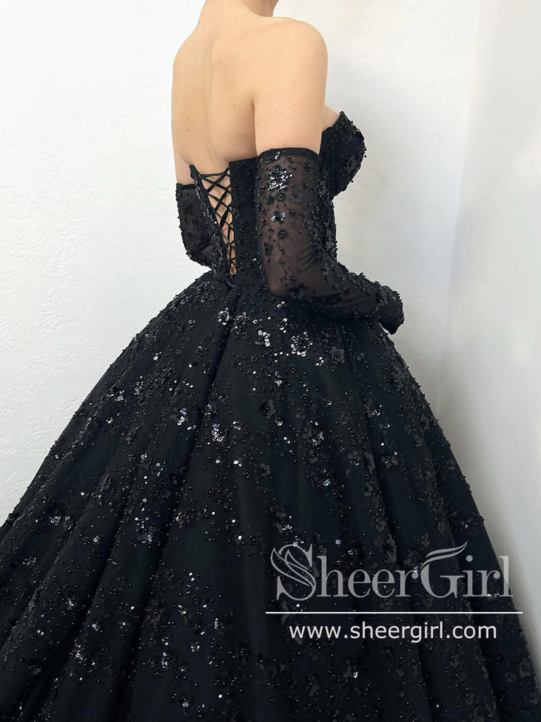 Strapless Sequins Lace Ball Gown Sweetheart Neck Long Prom Dress with Sweep Train ARD2934-SheerGirl