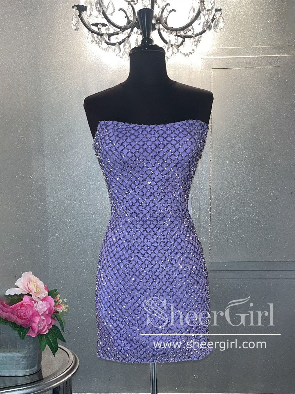 Strapless Sheath Cocktail Dress Plaid Sequins Homecoming Dress ARD3013 Strapless Sheath Cocktail Dress Plaid Sequins Homecoming Dress ARD3013