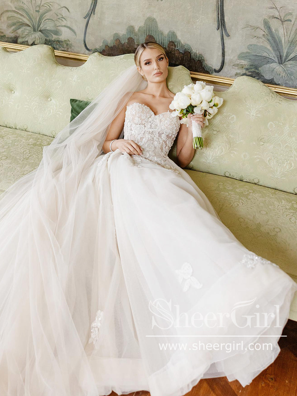 Strapless Sweetheart Neck Lace Rustic Wedding Dresses See Through Tulle Beach Wedding Dress AWD1954 Strapless Sweetheart Neck Lace Rustic Wedding Dresses See Through Tulle Beach Wedding Dress AWD1954