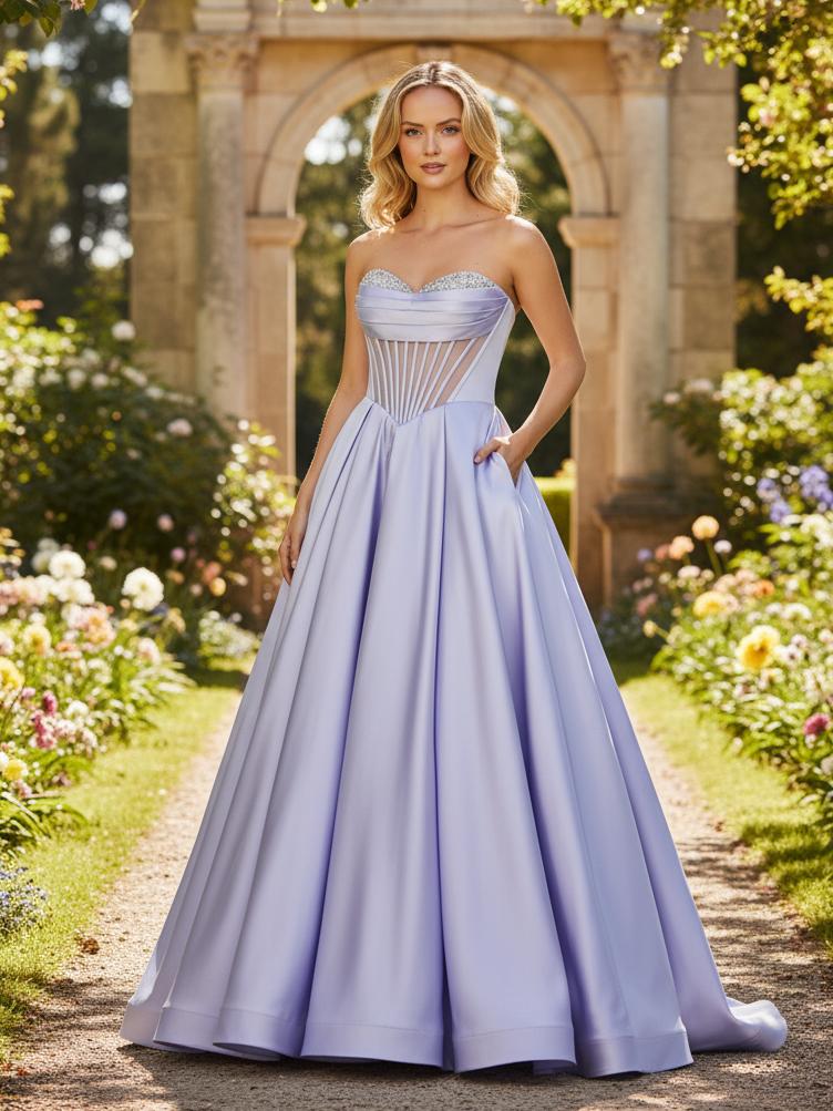 fitted lace wedding dress Strapless High Low Pink Satin Prom Dresses with Pockets FD1558 – Viniodress main image 0