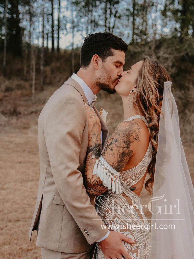 Stunning Bohemian Lace Wedding Gown Mermaid Boho Wedding Dress Beach Bridal Dress AWD1999-SheerGirl