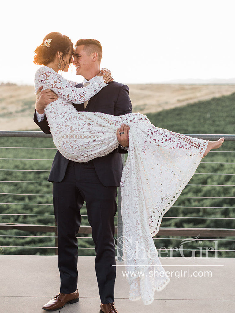 Stunning Boho Lace Sheath Wedding Dress with Keyhole Back Mermaid Wedding Gown AWD1953-SheerGirl