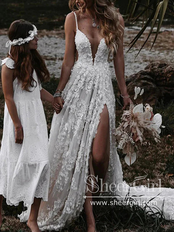 Stunning Floral Appliques Wedding Gown Sweetheart Neck Boho Wedding Dresses AWD1998-SheerGirl