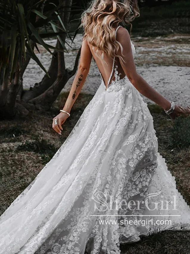 Stunning Floral Appliques Wedding Gown Sweetheart Neck Boho Wedding Dresses AWD1998-SheerGirl