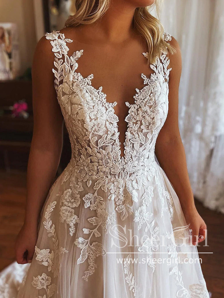 Stunning Illusion Sweetheart Neck A Line Wedding Dress Tulle Bridal Gown with Pockets AWD2028-SheerGirl