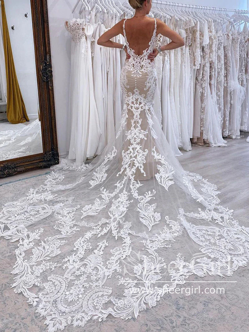 Stunning Plunge Neck Mermaid Bridal Gown with Scalloped Lace Train Wedding Dress AWD2031 Stunning Plunge Neck Mermaid Bridal Gown with Scalloped Lace Train Wedding Dress AWD2031