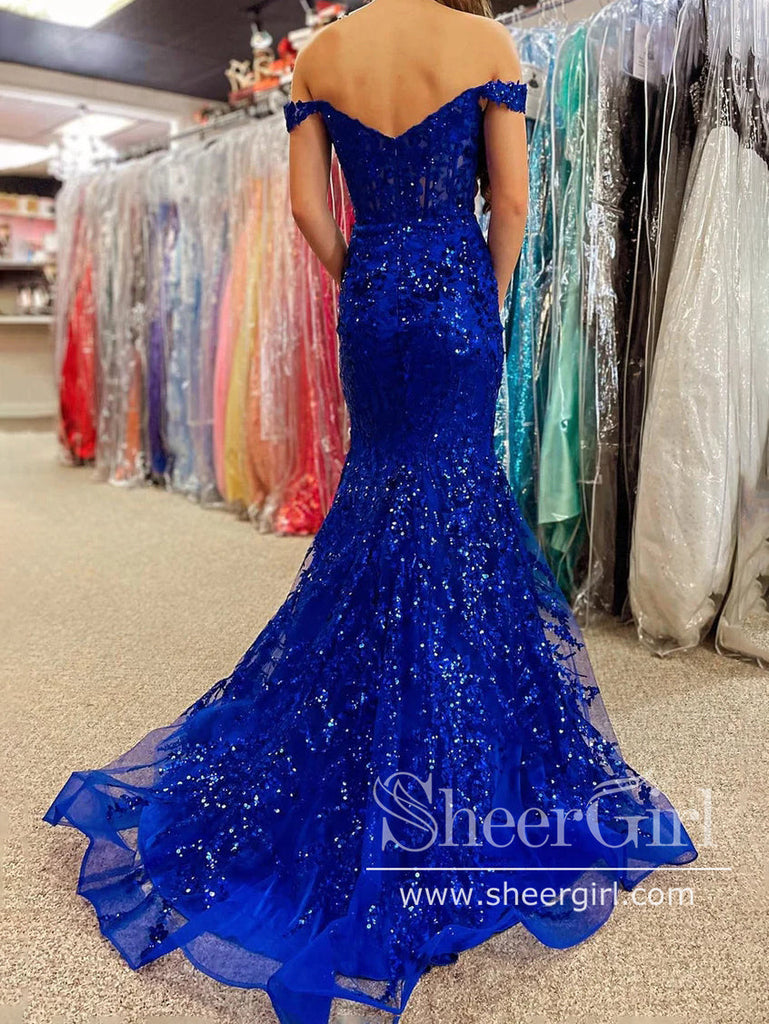 Stunning Sequins Floral Lace Off the Shoulder Prom Gown Mermaid Party Dress ARD3071-SheerGirl