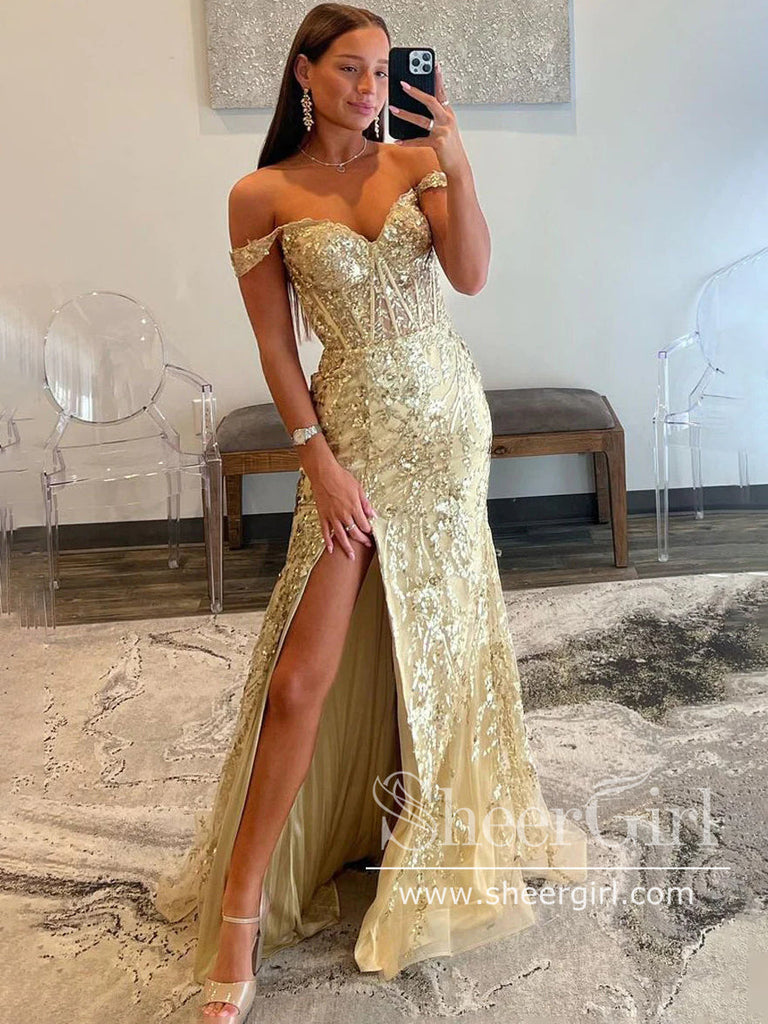 Stunning Sequins Floral Lace Off the Shoulder Prom Gown Mermaid Party Dress ARD3071-SheerGirl