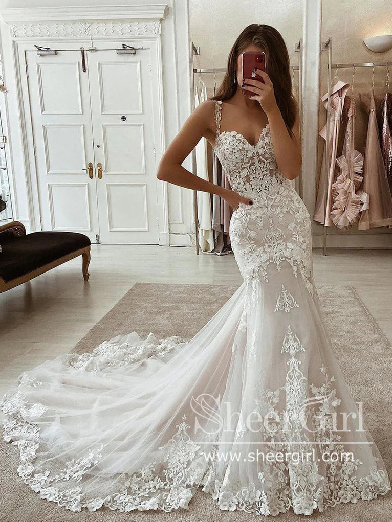 fitted lace wedding dress Stunning Sweetheart Neck Spaghetti Straps Mermaid Wedding Dress with Chapel Train AWD2009 fitted lace wedding dress Stunning Sweetheart Neck Spaghetti Straps Mermaid Wedding Dress with Chapel Train AWD2009