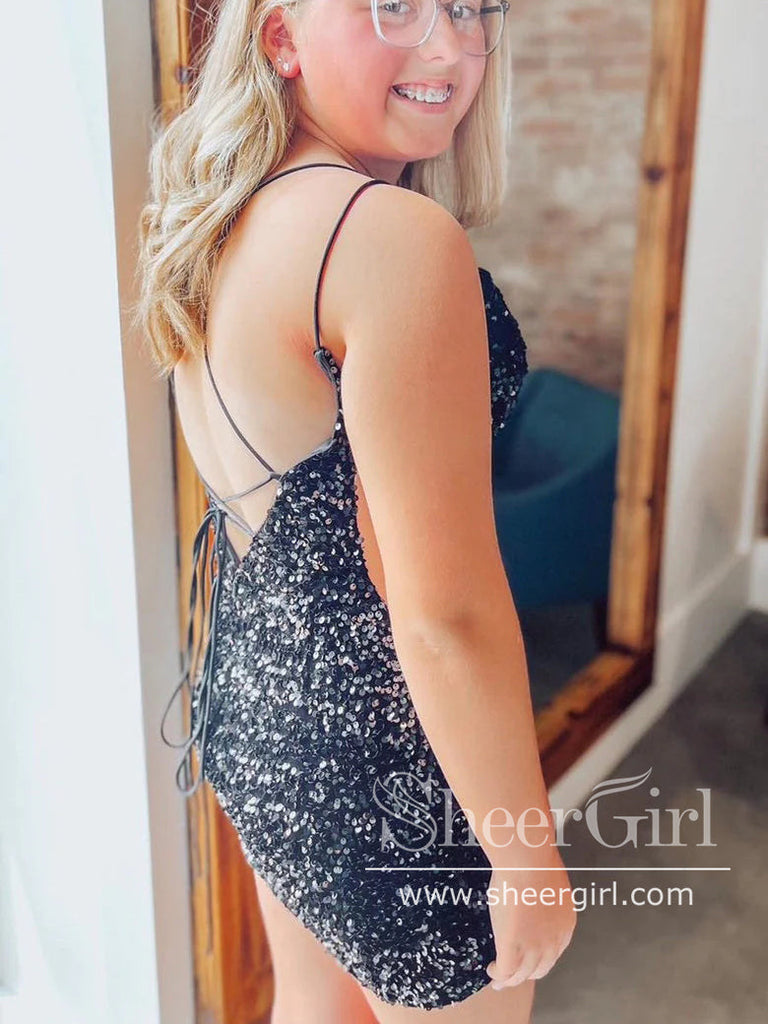 Sweetheart Neck Backless Sparkly Short Prom Dress Sequins Short Homecoming Dress ARD2970-SheerGirl