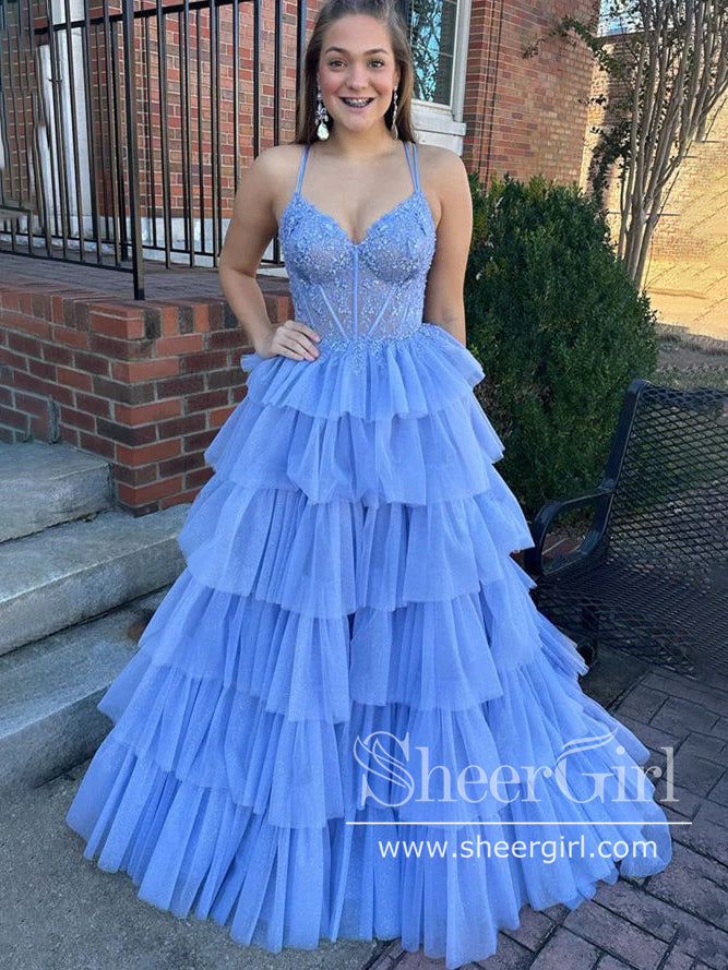 Tiered Tulle Ball Gown V Neck Floor Length Prom Dress Blue Party Dress ARD3033 Tiered Tulle Ball Gown V Neck Floor Length Prom Dress Blue Party Dress ARD3033