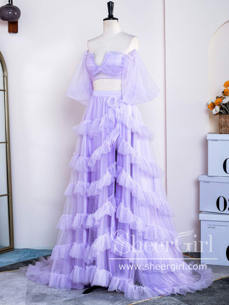 Two-Piece Tulle Prom Gown Ruffled Formal Dress Prom Dress with High Slit ARD3024-SheerGirl