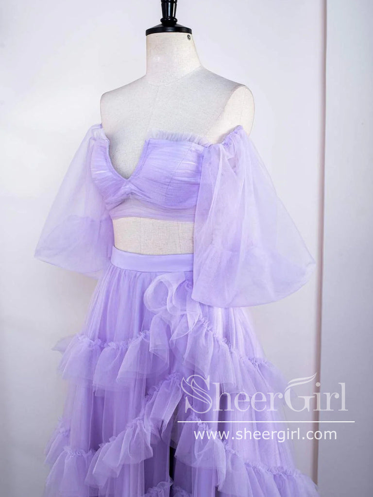 Two-Piece Tulle Prom Gown Ruffled Formal Dress Prom Dress with High Slit ARD3024-SheerGirl