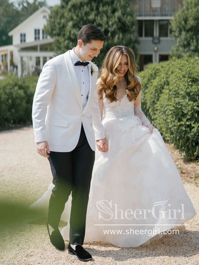 Two Pieces Lace Beach Wedding Dresses with Lace Crop Top Boho A Line Wedding Dresses AWD2034-SheerGirl