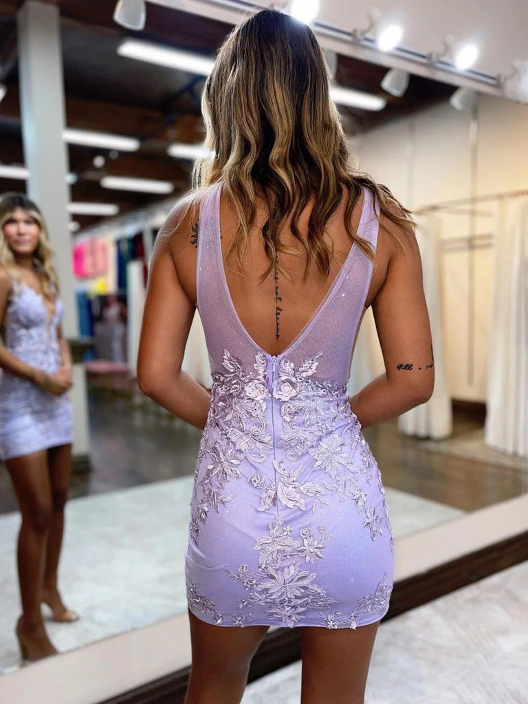 V Neck 3D Flower Appliques Short Prom Dress Mini Home Coming Dress ARD3099-SheerGirl