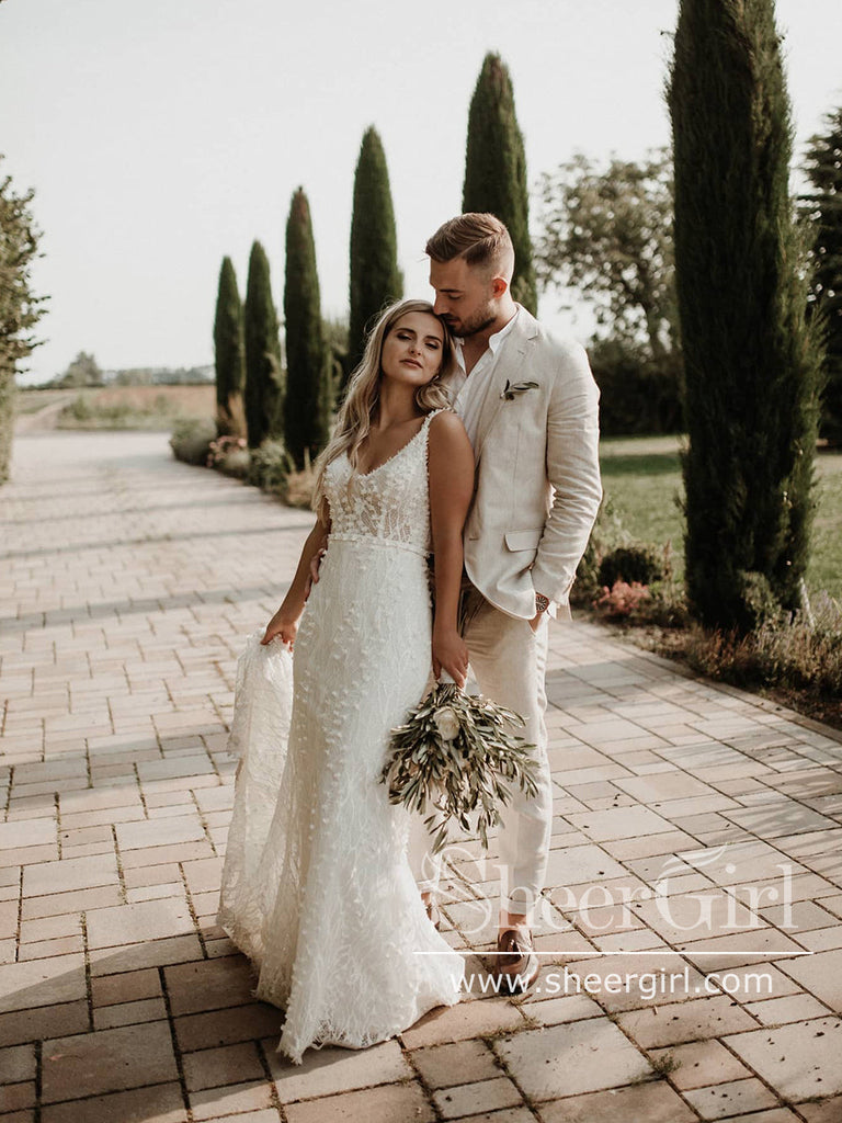 V Neck Beaded Lace Mermaid Wedding Dress Backless Wedding Gown AWD1963-SheerGirl