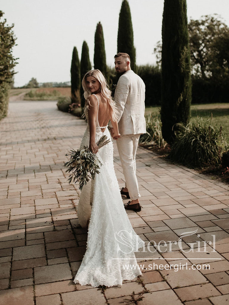 V Neck Beaded Lace Mermaid Wedding Dress Backless Wedding Gown AWD1963-SheerGirl