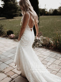 V Neck Beaded Lace Mermaid Wedding Dress Backless Wedding Gown AWD1963-SheerGirl