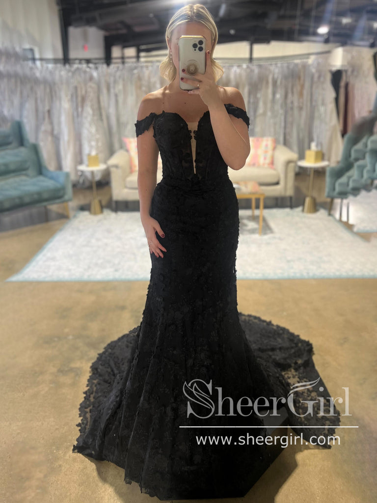 Vintage Floral Lace Off the Shoulder Prom Gown Mermaid Black Party Dress ARD3061-SheerGirl