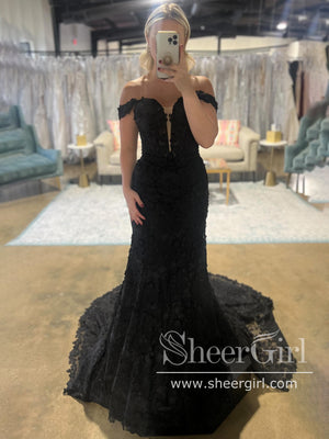 Vintage Floral Lace Off the Shoulder Prom Gown Mermaid Black Party Dress ARD3061-SheerGirl