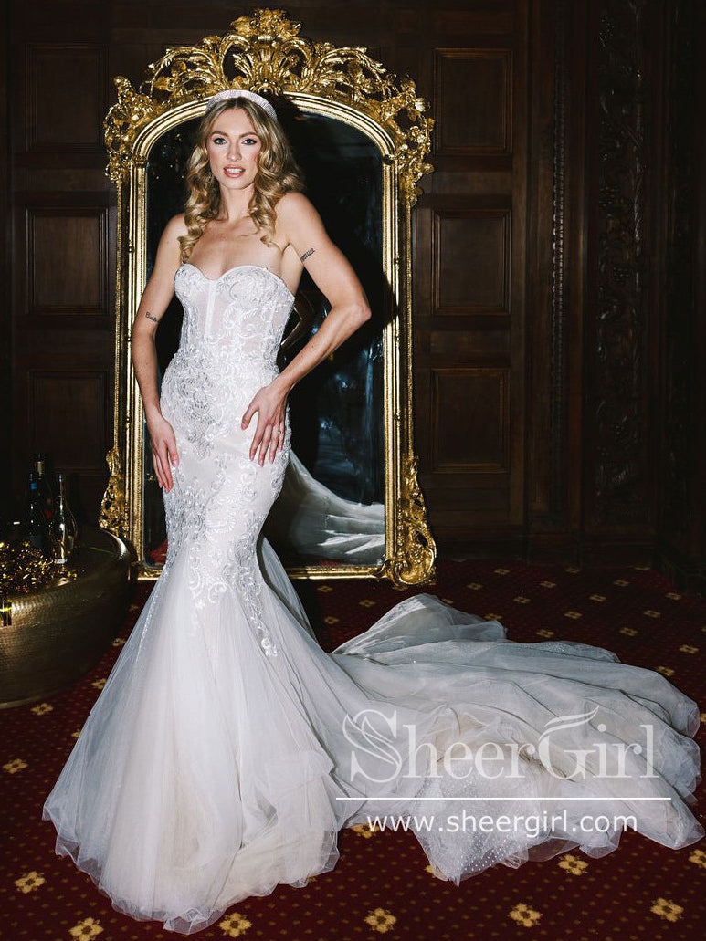 sheer polka dot wedding dress Sheer Long Sleeves Polka Dot A-Line Wedding Dress EU46