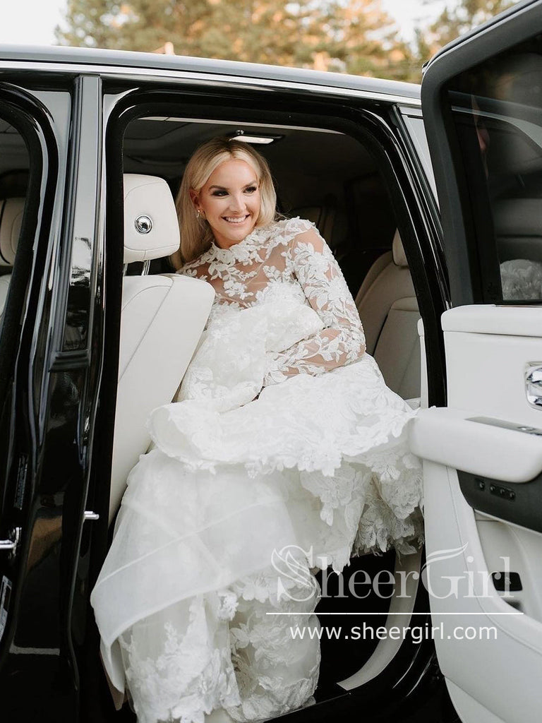 Vintage Sheath Wedding Dress High Neck Boho Rustic Lace Wedding Dresses with 3D Flowers AWD1959-SheerGirl