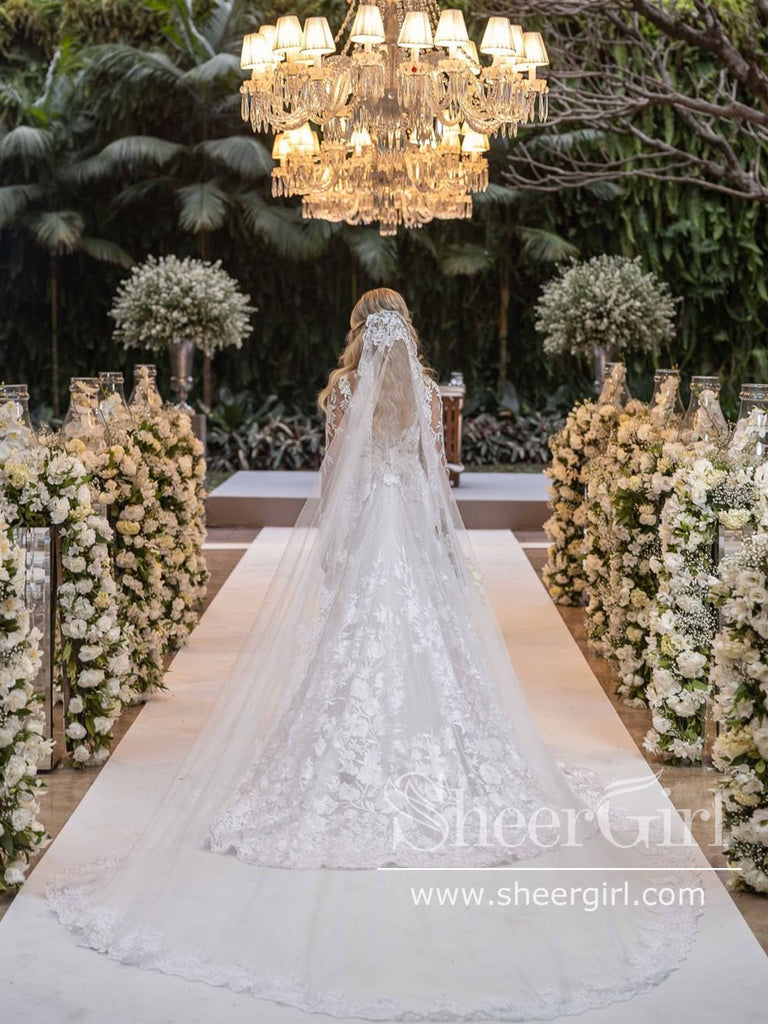 2 In 1 Appliqued Ball Gown Wedding Dress with Detachable Long Sleeves Bolero AWD1924-SheerGirl